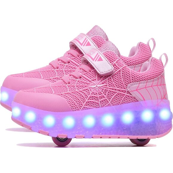 Kids Pink 2 Usb Chargeable Led Light Up Wheeled Skate Sneaker Shoes